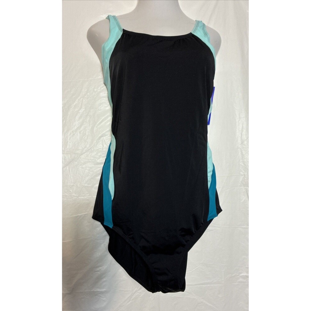 Vtg Inches Off Swimsuit 1 Pc Slimming Plus 30W Tummy Panel Shelf Bra Black Blue